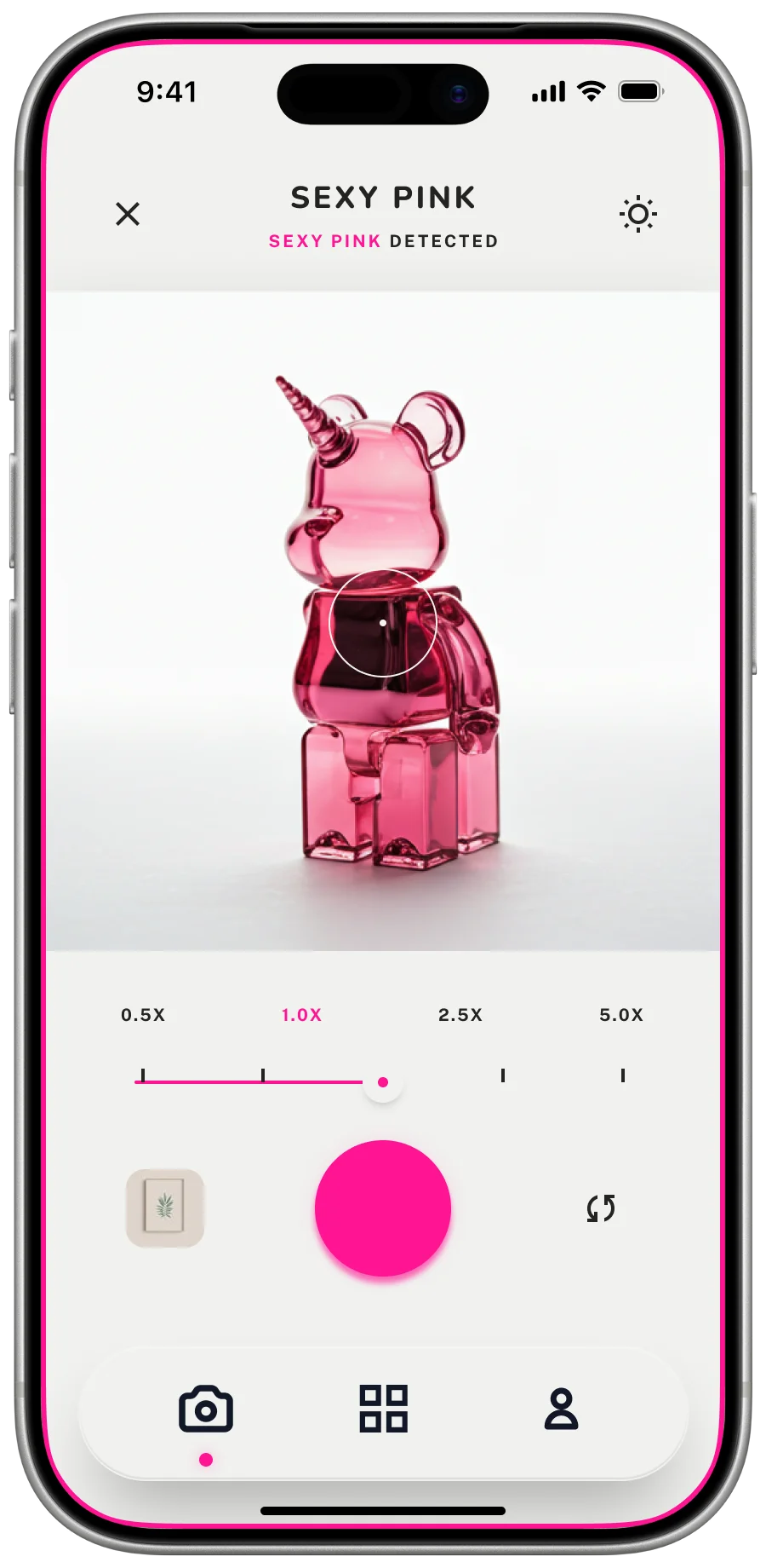 ColorHunt app — camera screen detecting Sexy Pink